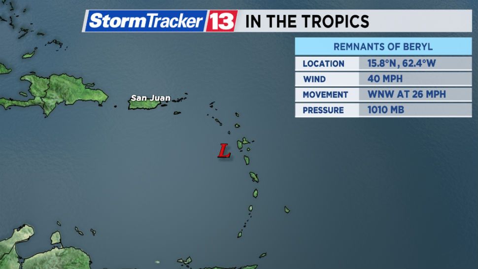 Beryl has faded to a remnant low near the Lesser Antilles. 
