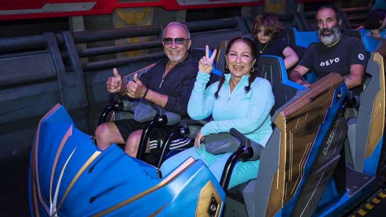 Gloria Estefan, right, with her husband Emilio Estefan, on Guardians of the Galaxy: Cosmic Rewind at Epcot. (Photo: Disney)