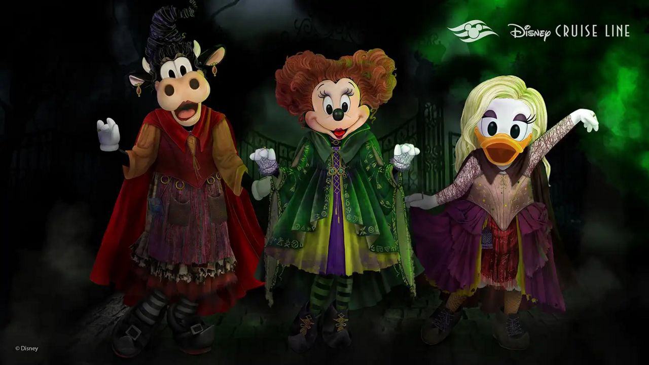 A meet and greet with Clarabelle Cow, Minnie Mouse and Daisy Duck dressed as the Sanderson Sisters from the film “Hocus Pocus" will be part of Disney Cruise Line's Halloween sailings. (Photo courtesy: Disney Cruise Line)