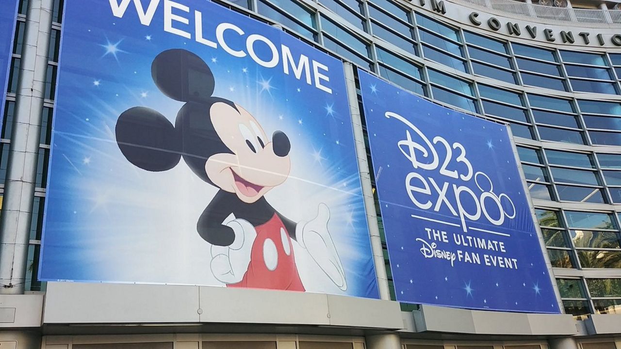 D23 Expo sign outside the Anaheim Convention Center in 2017. (File)