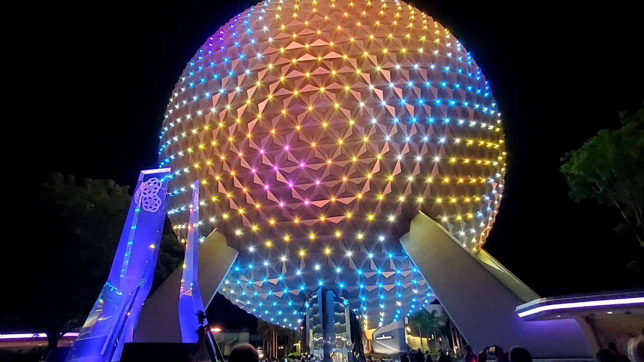 Spaceship Earth has transformed into a "Beacon of Magic" for Disney World's 50th anniversary celebration. (Spectrum News/Ashley Carter)