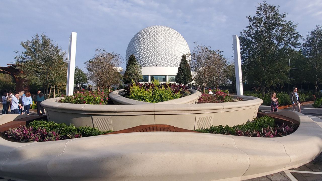 World Celebration Gardens with a view of Spaceship Earth at EPCOT. (Spectrum News/Ashley Carter)