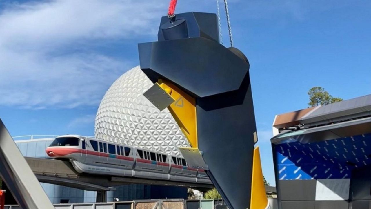 A piece of the Nova Corps Starblaster ship is installed at the entrance of Guardians of the Galaxy: Cosmic Rewind attraction at Epcot. (Zach Riddley/Instagram)