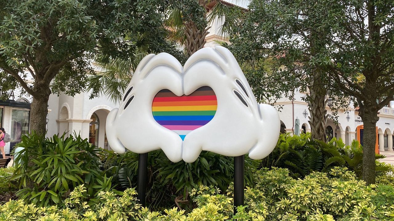 A Pride display at Disney Springs during Pride Month. (Spectrum News/Ashley Carter)
