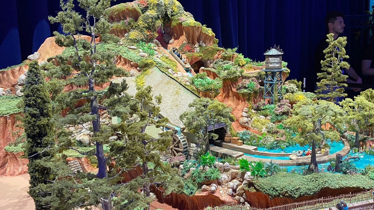 A scale model of Tiana's Bayou Adventure, which is set to replace Splash Mountain at both Disney World and Disneyland. (Spectrum News/Ashley Carter)