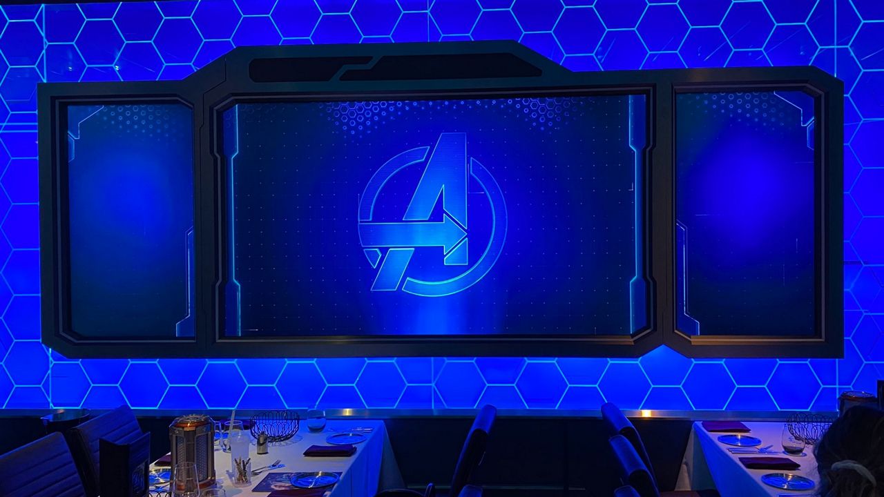 One of the large screens in the Worlds of Marvel restaurant on the Disney Wish. (Spectrum News/Ashley Cartrer)