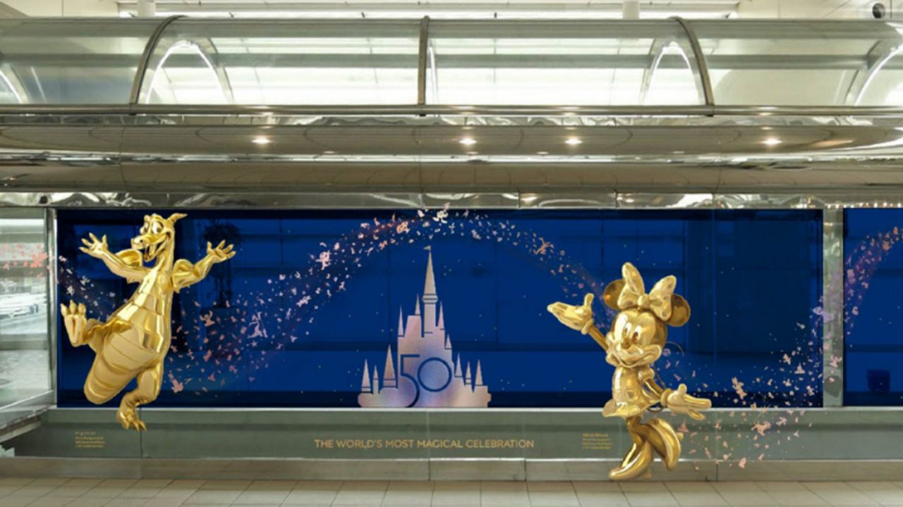 Disney characters like Figment and Minnie Mouse will be incorporated in to the artwork at Orlando International Airport for Disney World's 50th anniversary celebration. (Disney)