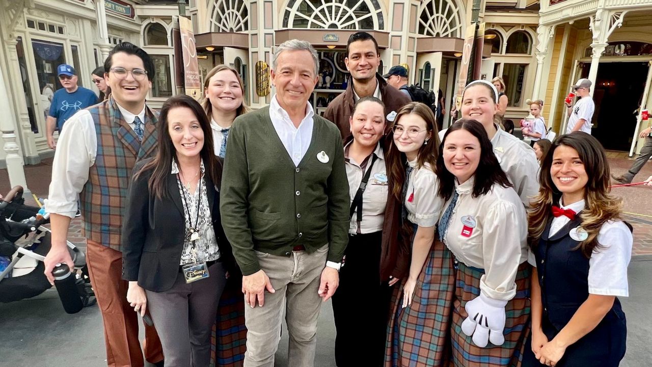 Disney CEO Bob Iger pictured with Magic Kingdom cast members during a visit to Disney World in January. (Photo: @RobertIger/Twitter)