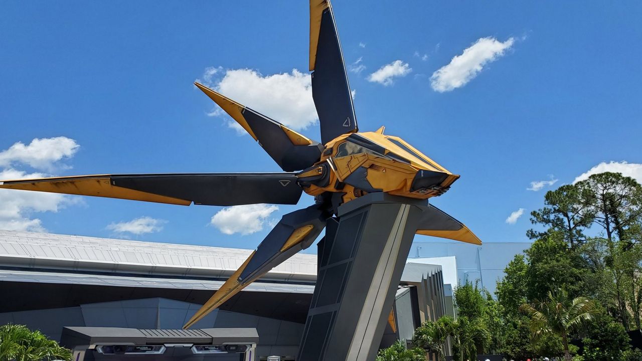 The Nova Corps Starblaster ship at the entrance of Guardians of the Galaxy: Cosmic Rewind. (Spectrum News/Ashley Carter)