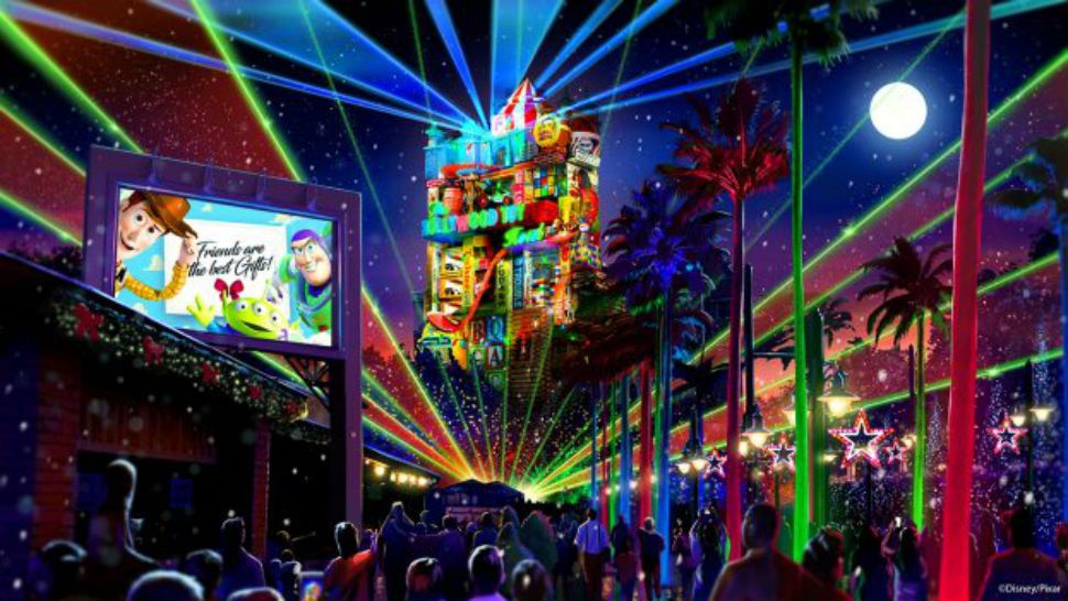 Artist rendering of Sunset Seasons Greetings, the holiday projection show at Disney's Hollywood Studios. (Disney)