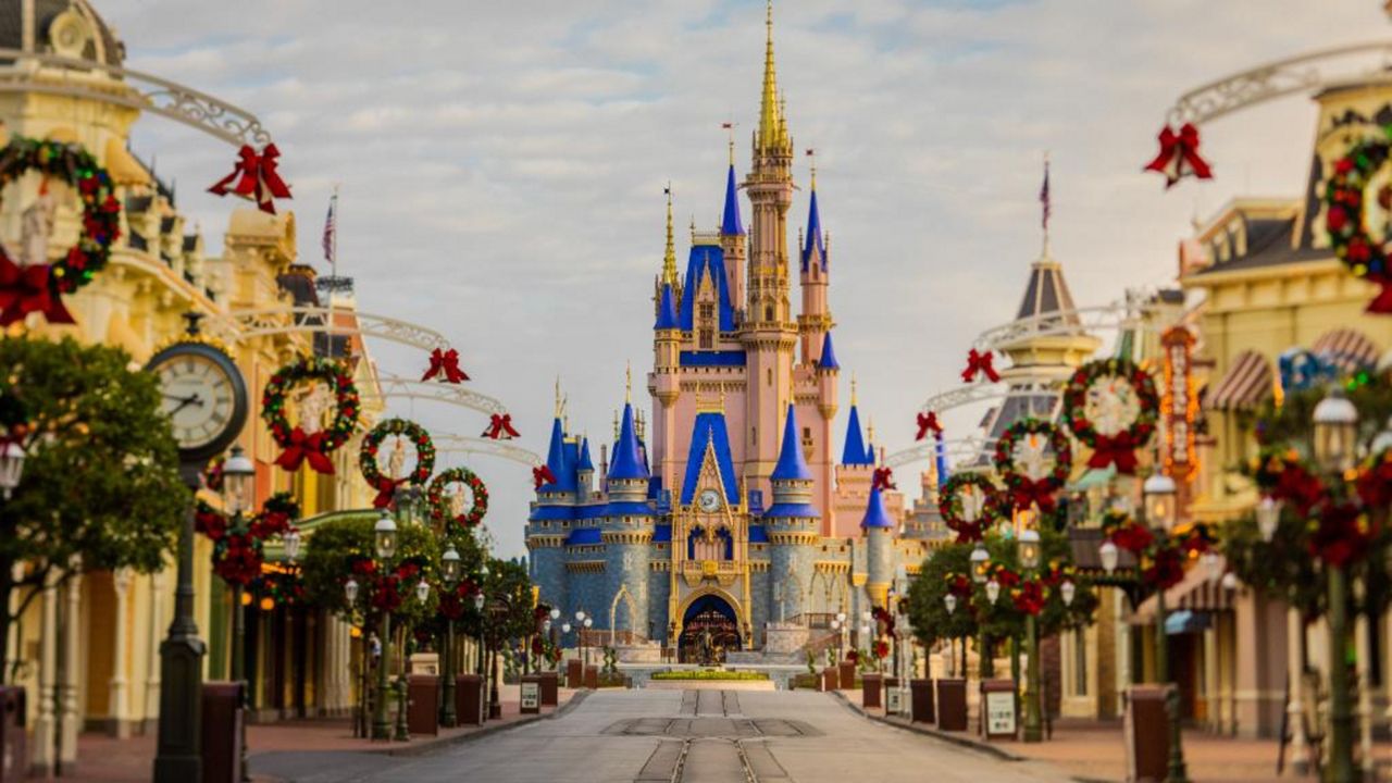 Main Street U.S.A. at Magic Kingdom adorned with Christmas decorations as Disney World celebrates the holiday season. (Photo courtesy of Disney World)