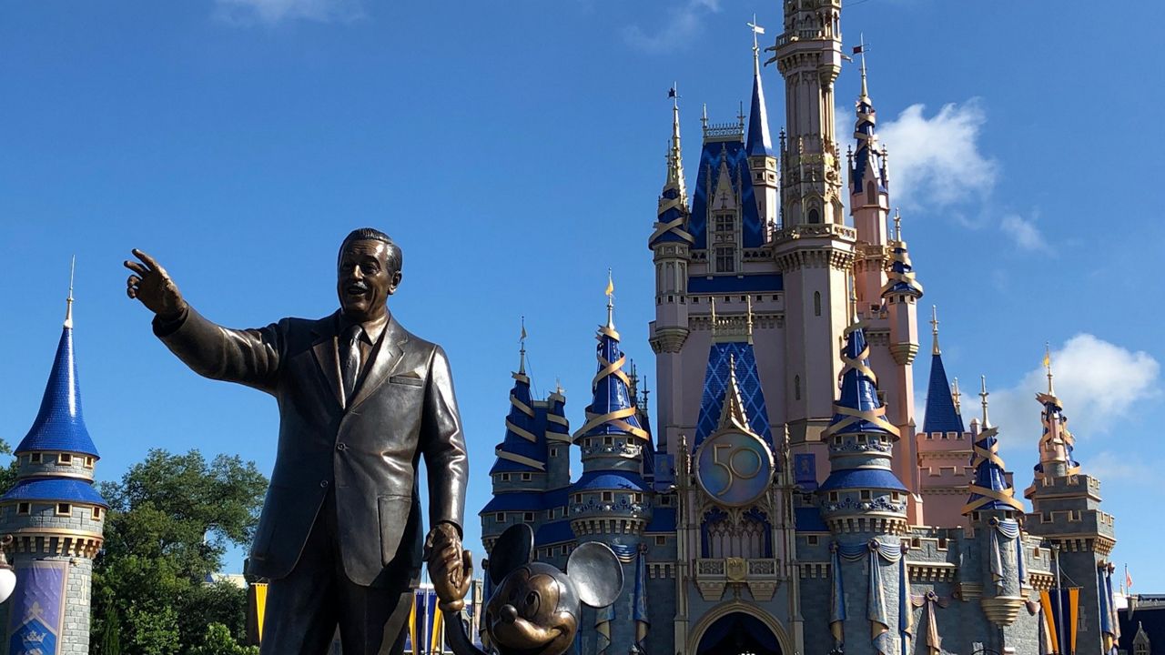 The Partners Statue featuring Walt Disney and Mickey Mouse in front of Cinderella Castle at Magic Kingdom. (Spectrum News/Ashley Carter)