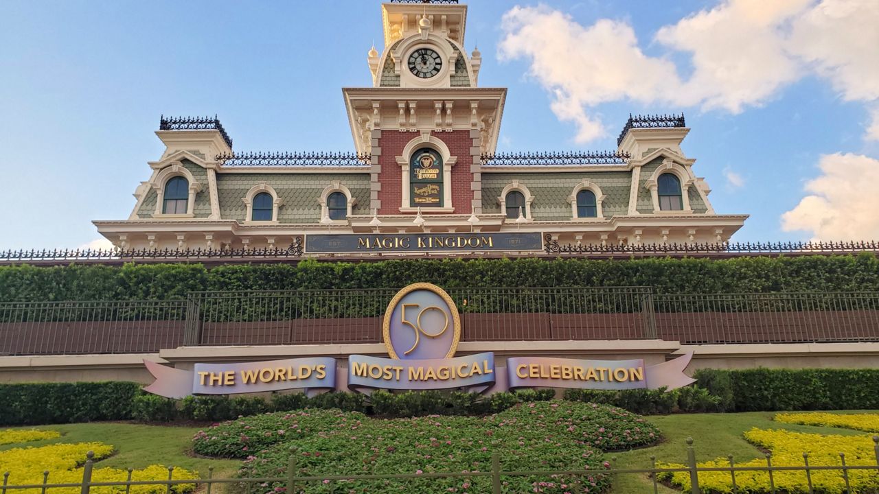 A sign for "The World's Most Magical Celebration" appears at the entrance of Magic Kingdom as Disney World prepares to mark its 50th anniversary. (Spectrum News/Ashley Carter)
