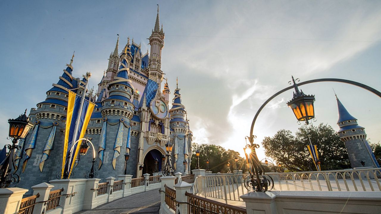 Cinderella Castle at Magic Kingdom decorated for Disney World's 50th anniversary. (Disney)