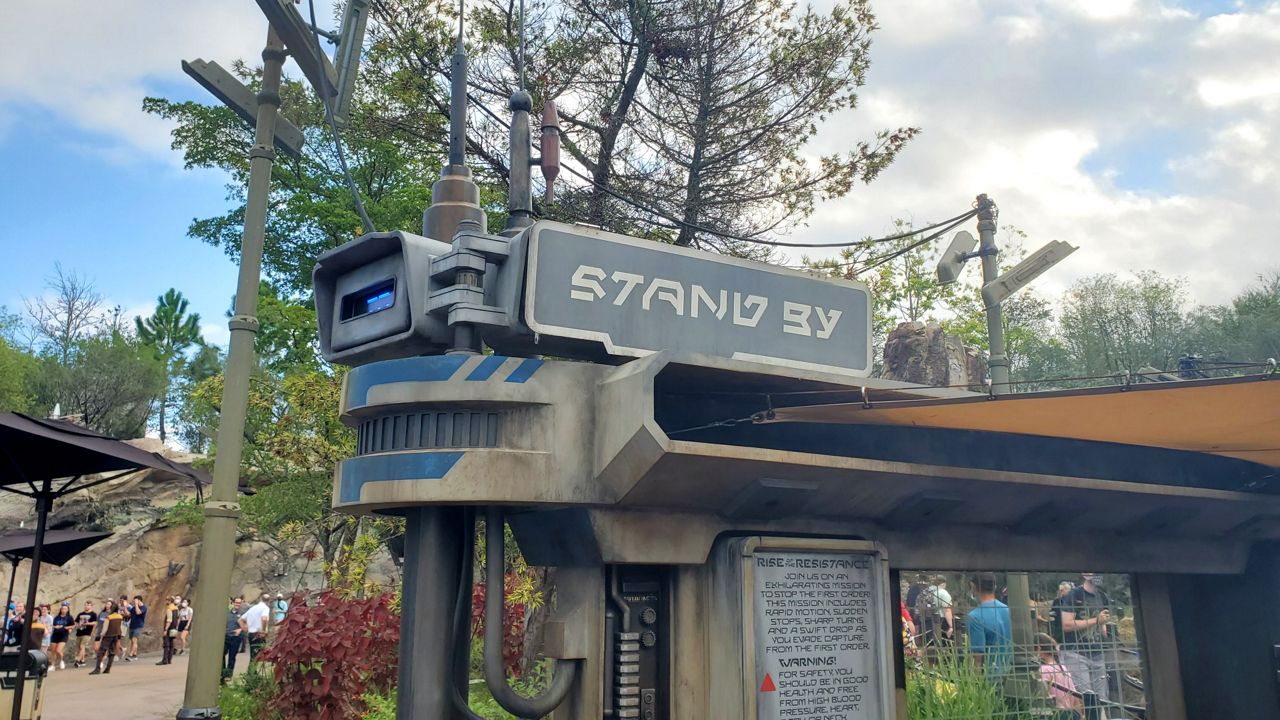 The entrance to Star Wars: Rise of the Resistance now has a Stand By sign while the virtual queue is paused. (Spectrum News/Ashley Carter)