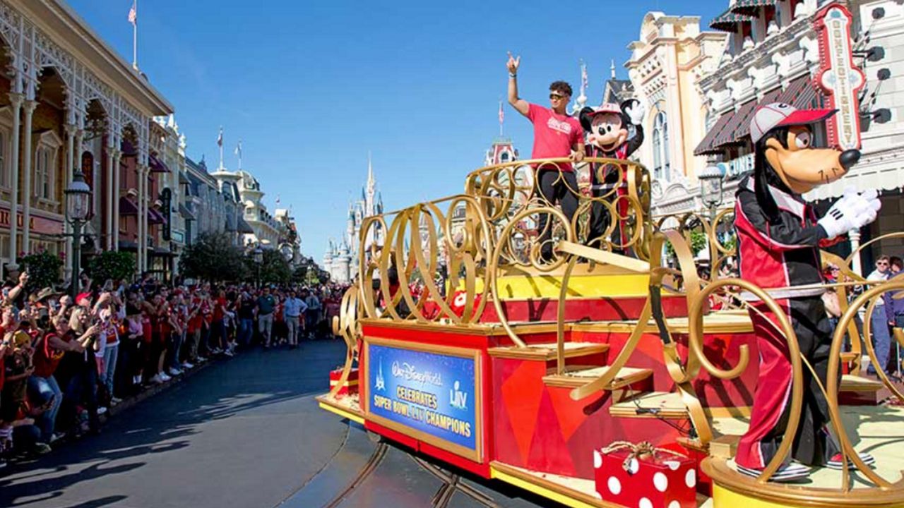 Kansas City Chiefs quarterback featured in the Super Bowl MVP parade at Magic Kingdom in 2020. (Courtesy of Disney Parks)