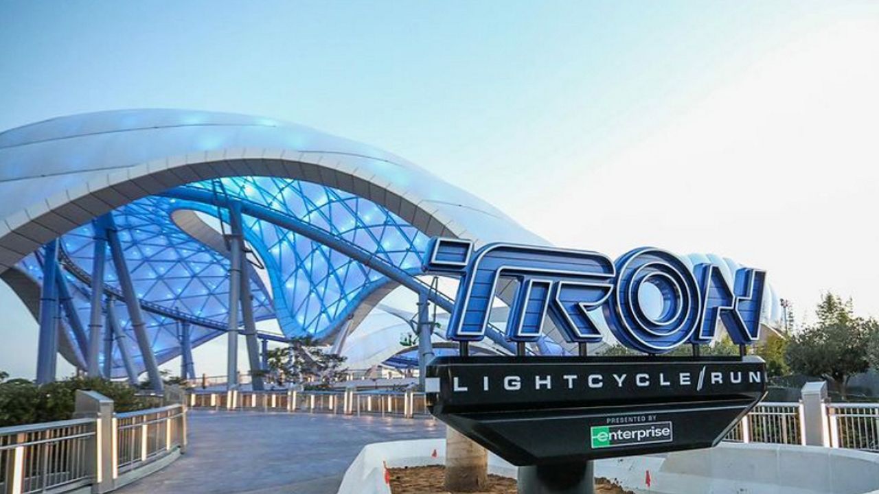Disney installed the marquee for TRON Lightcycle Run at Magic Kingdom. The new attraction opens April 4. (Photo: Walt Disney Imagineering/Instagram)