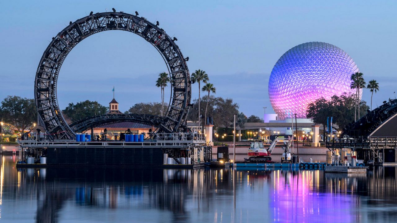 The platform with the six-story ring for the upcoming "Harmonious" nighttime spectacular has been moved on the World Showcase Lagoon at Epcot. (Courtesy of Disney)