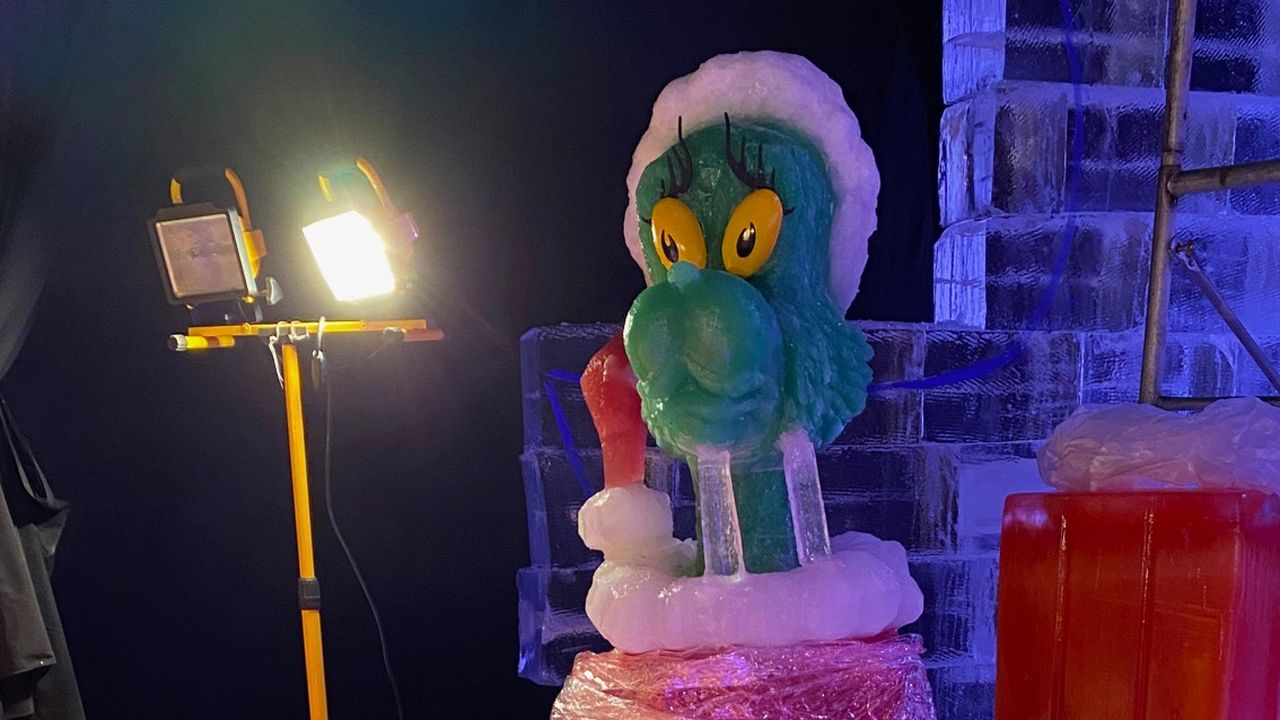 Artisans are currently transforming blocks of ice into sculptures inspired by Dr. Seuss' "How the Grinch Stole Christmas" for the upcoming ICE! exhibit at Gaylord Palms. (Spectrum News/Ashley Carter)