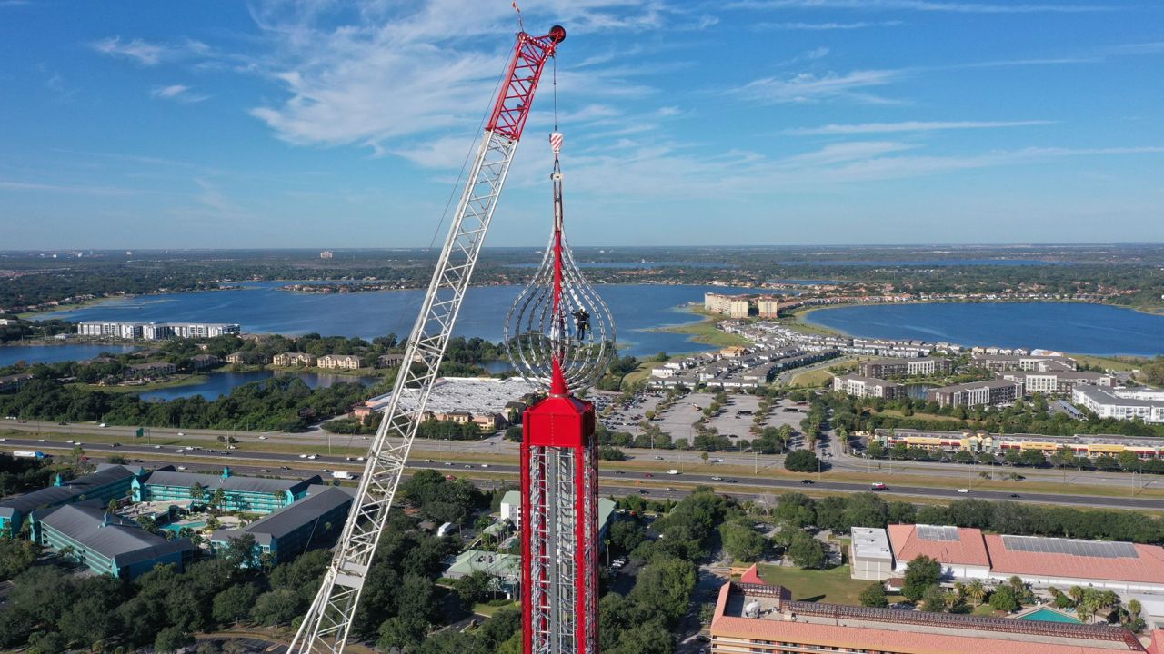 Construction crews top off the new Orlando Free Fall attraction at ICON Park. (ICON Park)