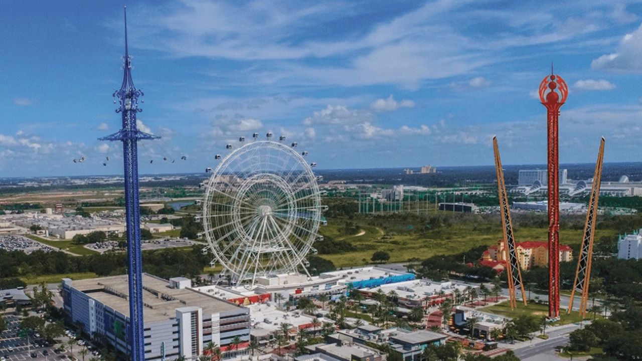 Rendering of ICON Park with Orlando StarFlyer, left, and Orlando Slingshot and Orlando Free Fall to the right. (Photo courtesy: ICON Park)