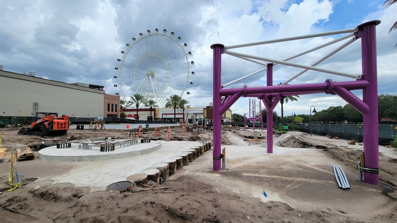 The construction site of the Orlando Slingshot and the Orlando Free Fall, two attractions set to open in December at ICON Park. (ICON Park)