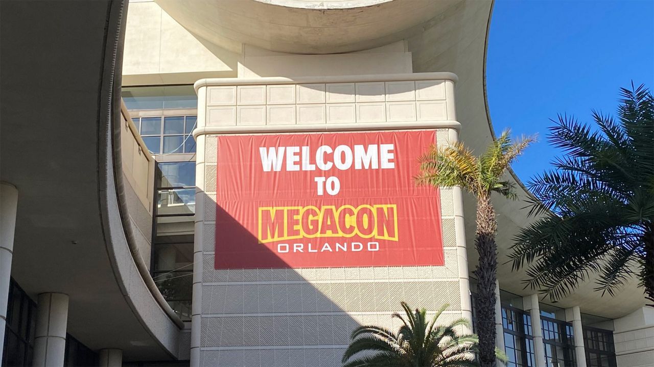 A large sign for MegaCon Orlando outside the Orange County Convention Center. (Spectrum News/Ashley Carter)