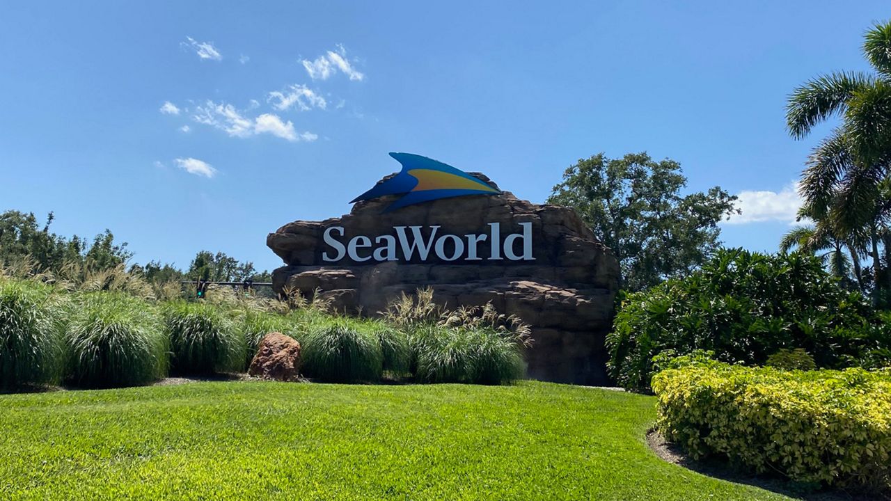 SeaWorld sign outside the entrance to SeaWorld Orlando. (Spectrum News/Ashley Carter)