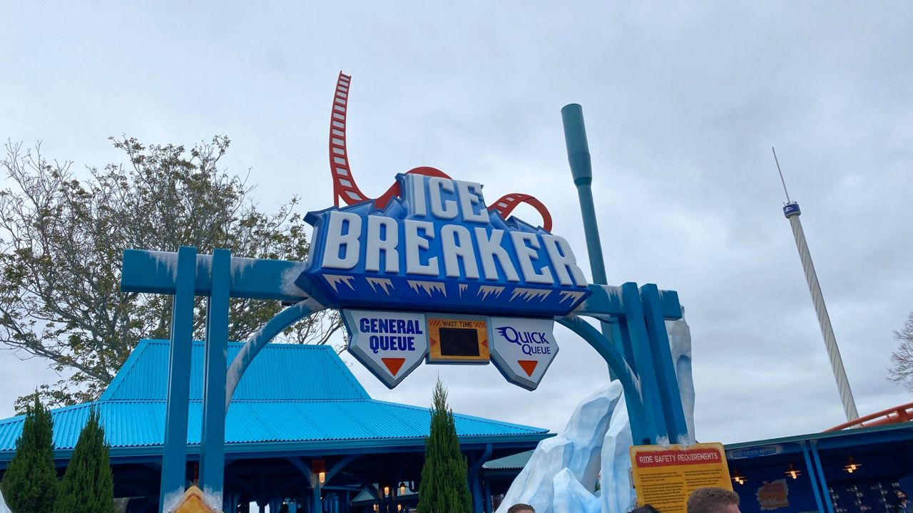 The entrance to Ice Breaker, the newest coaster at SeaWorld Orlando. (Spectrum News/Ashley Carter)