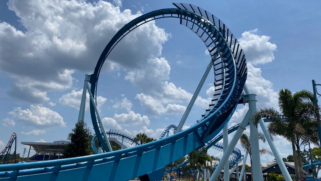 The wave curl inversion on Pipeline, the new surf coaster at SeaWorld Orlando. (Spectrum News/Ashley Carter)