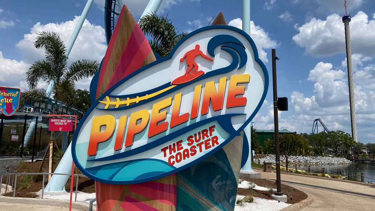 The sign for Pipeline: The Surf Coaster at SeaWorld Orlando. (Spectrum News/Ashley Carter)