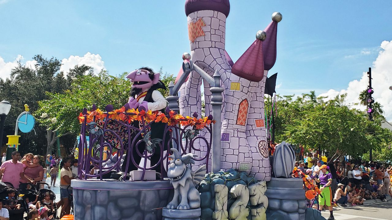 Count von Count on a float during the Sesame Street land parade at SeaWorld Orlando. (Spectrum News/Ashley Carter)