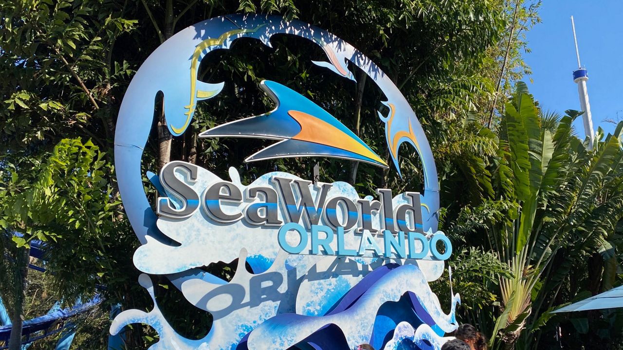 SeaWorld sign at the entrance of SeaWorld Orlando. (Spectrum News/Ashley Carter)