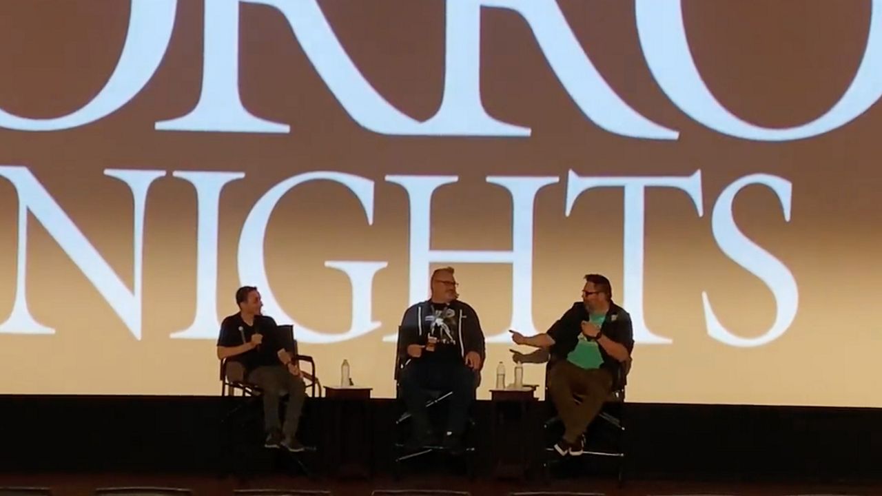 Left to right: Dylan Kollath, Charles Gray, and Michael Aiello talking about Halloween Horror Nights during BlumFest 2022 at Universal Cinemark at Universal CityWalk. (Spectrum News/Ashley Carter)