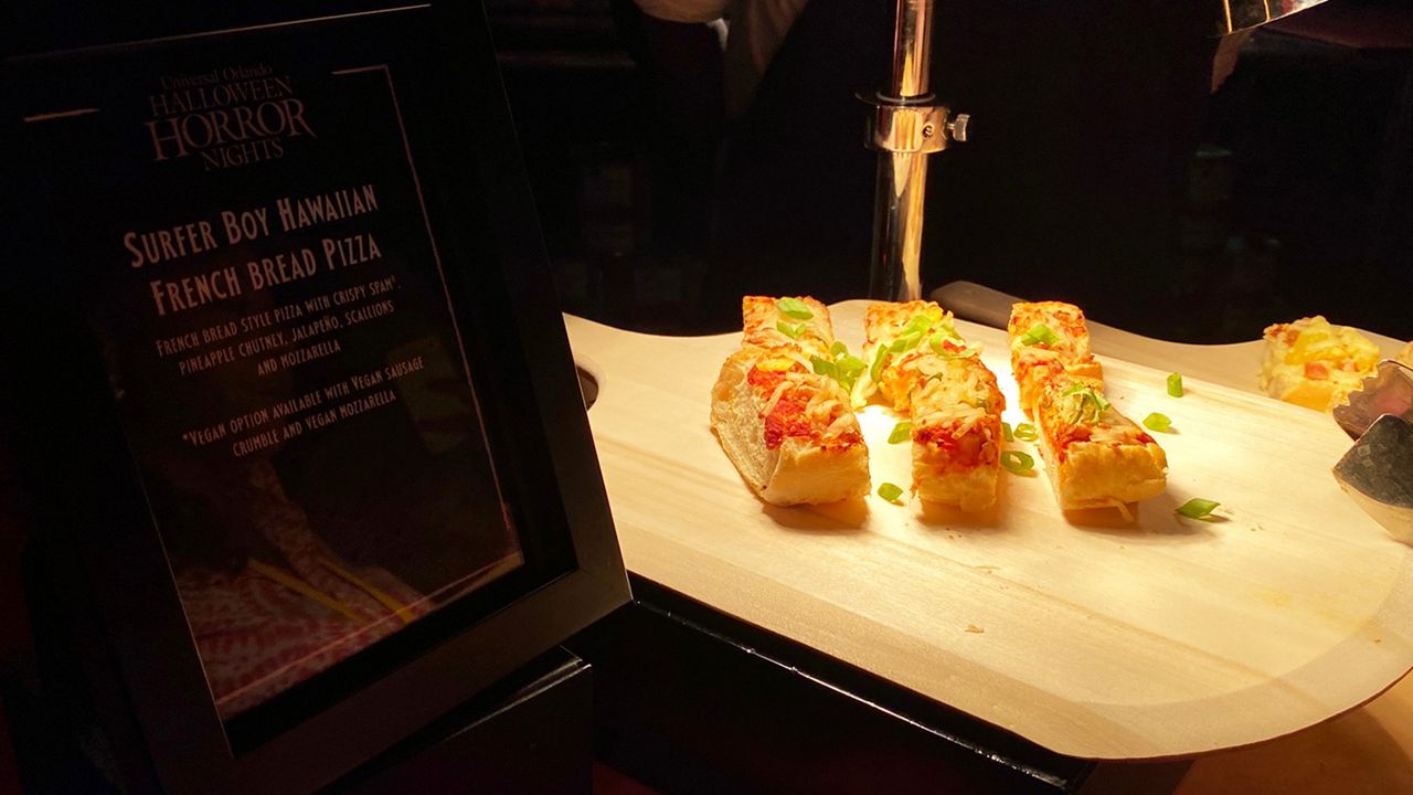 The Surfer Boy Hawaiian French Bread Pizza at Universal's Taste of Terror experience. (Spectrum News/Ashley Carter)