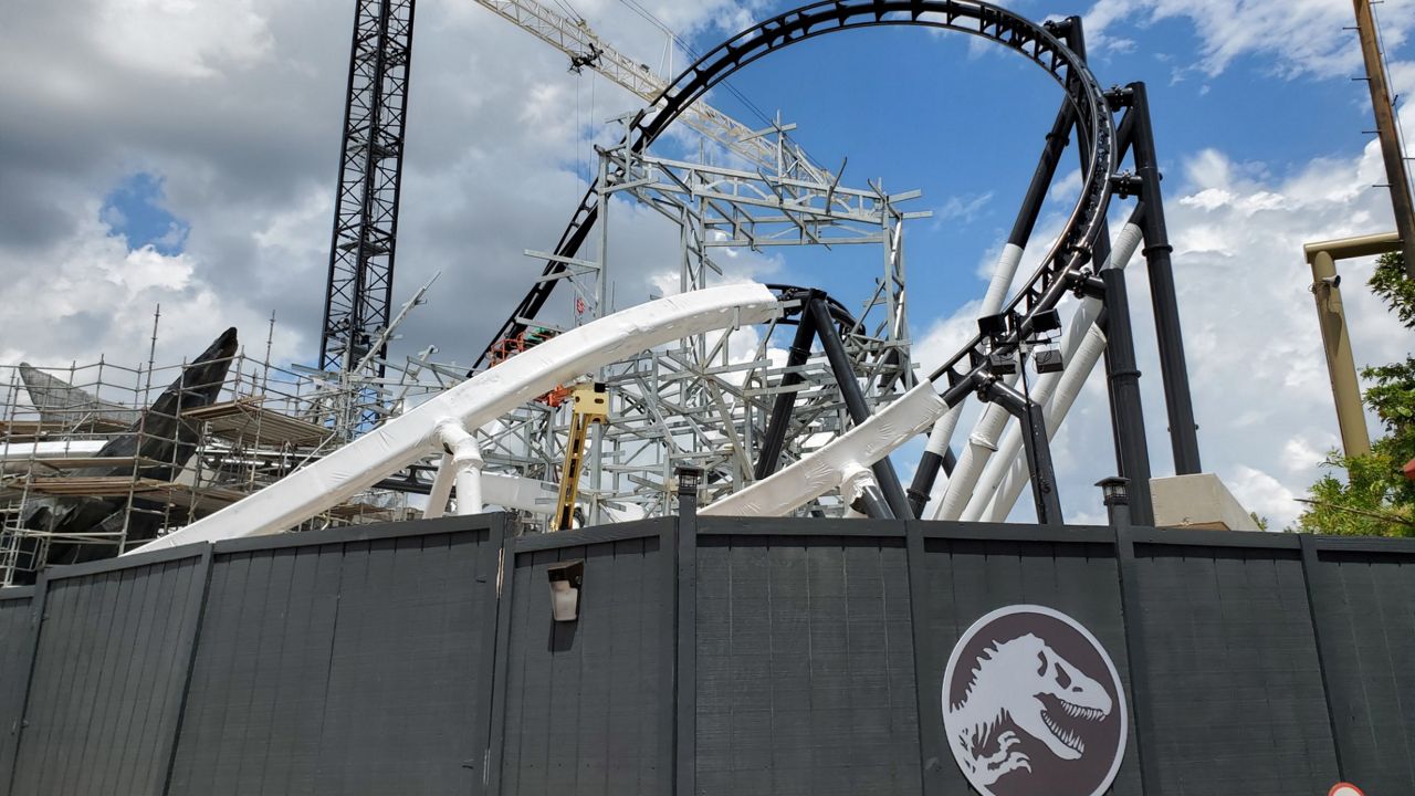 Construction continues on the unannounced roller coaster in the Jurassic Park area of Universal's Islands of Adventure. (Ashley Carter/Spectrum News)