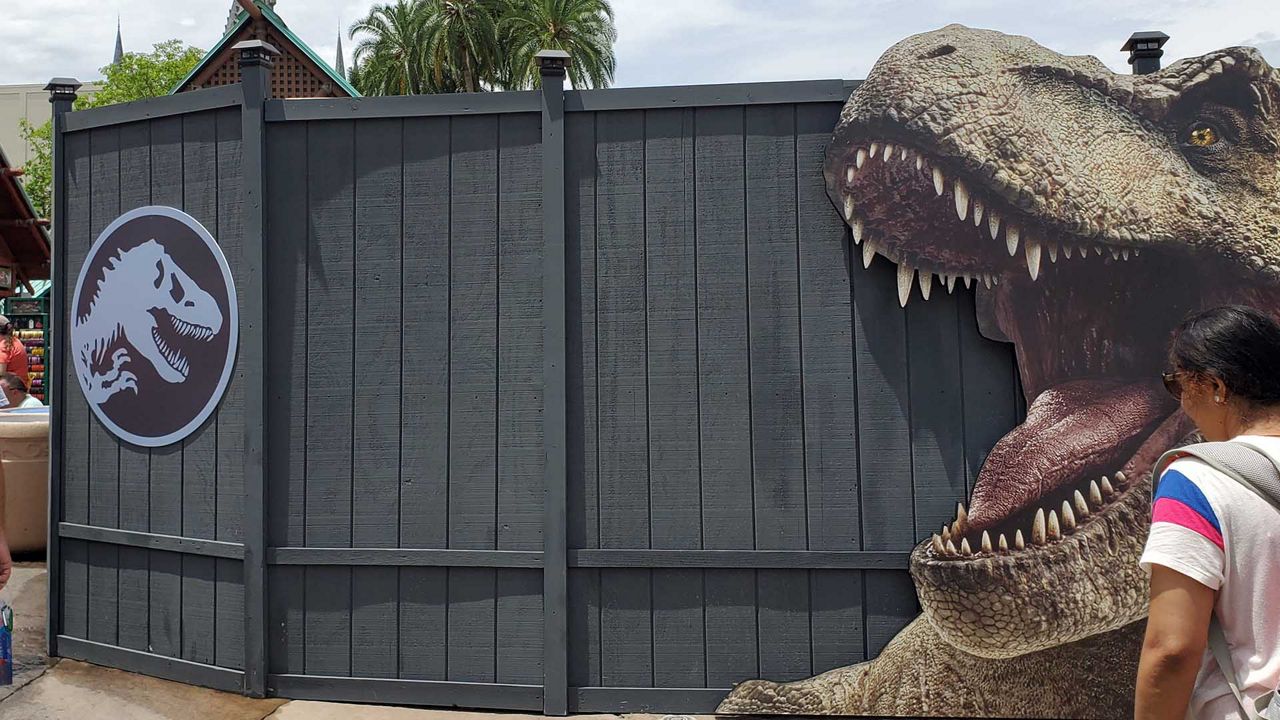 Construction walls up in the Jurassic Park area of Universal's Island of Adventure. (Ashley Carter/Spectrum News)