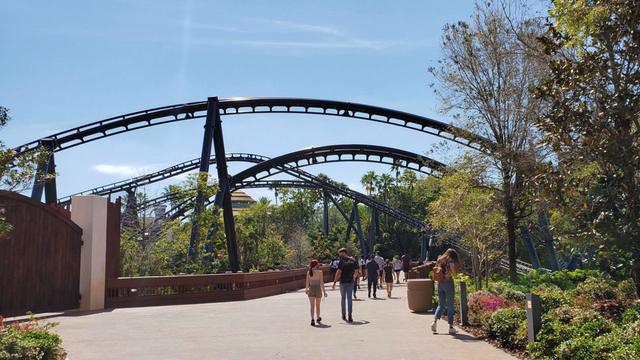 The recently reopened bridge in Islands of Adventure gives visitors an even closer view of Universal's new Jurassic World VelociCoaster. (Ashley Carter/Spectrum News)