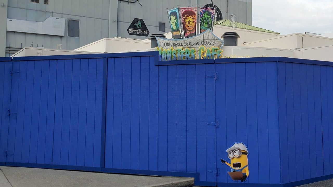 Construction walls have been installed around the now-closed Monsters Cafe. (Spectrum News/Ashley Carter)