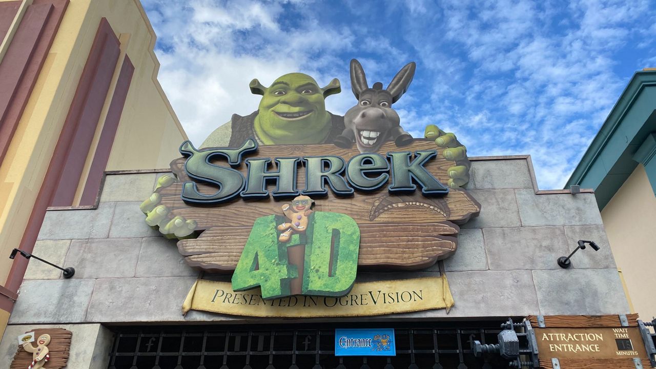 The entrance sign for Shrek 4-D at Universal Studios Florida. (Spectrum News/Ashley Carter)