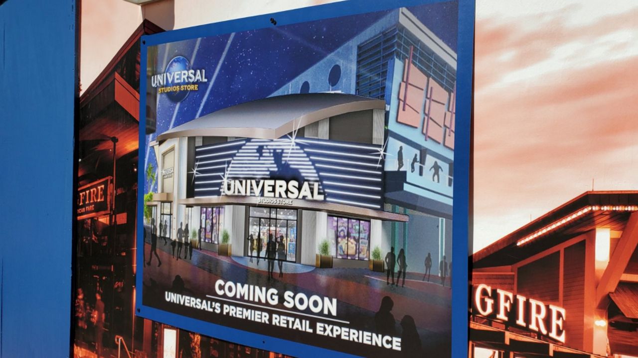 A new Universal Studios Store is under construction at Universal CityWalk, according to new signs on the construction walls. (Ashley Carter/Spectrum News)
