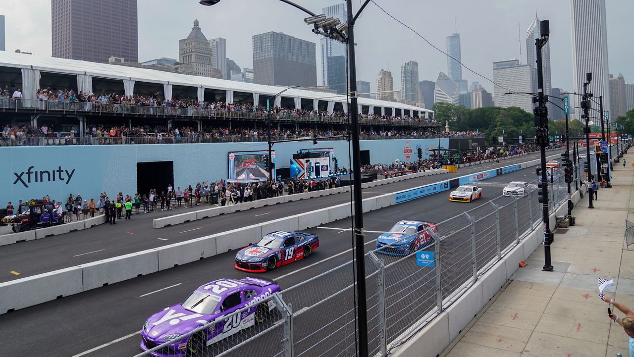 Drivers compete in the Loop 121 NASCAR Xfinity Series auto race Saturday, July 1, 2023, in downtown Chicago. (AP Photo/Erin Hooley)