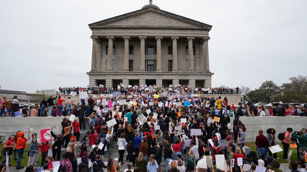 Students march on the State Capitol steps during the March for Our Lives anti-gun violence protest in Nashville, Tenn., on Monday, April 3, 2023. (AP Photo/George Walker IV)