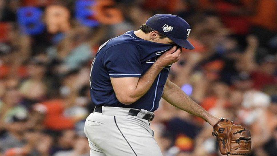 Tampa Bay Rays starting pitcher Nathan Eovaldi reacts after giving up a solo home run to Houston Astros’ Alex Bregman during the sixth inning of a baseball game Wednesday, June 20, 2018, in Houston. (AP Photo/Eric Christian Smith)