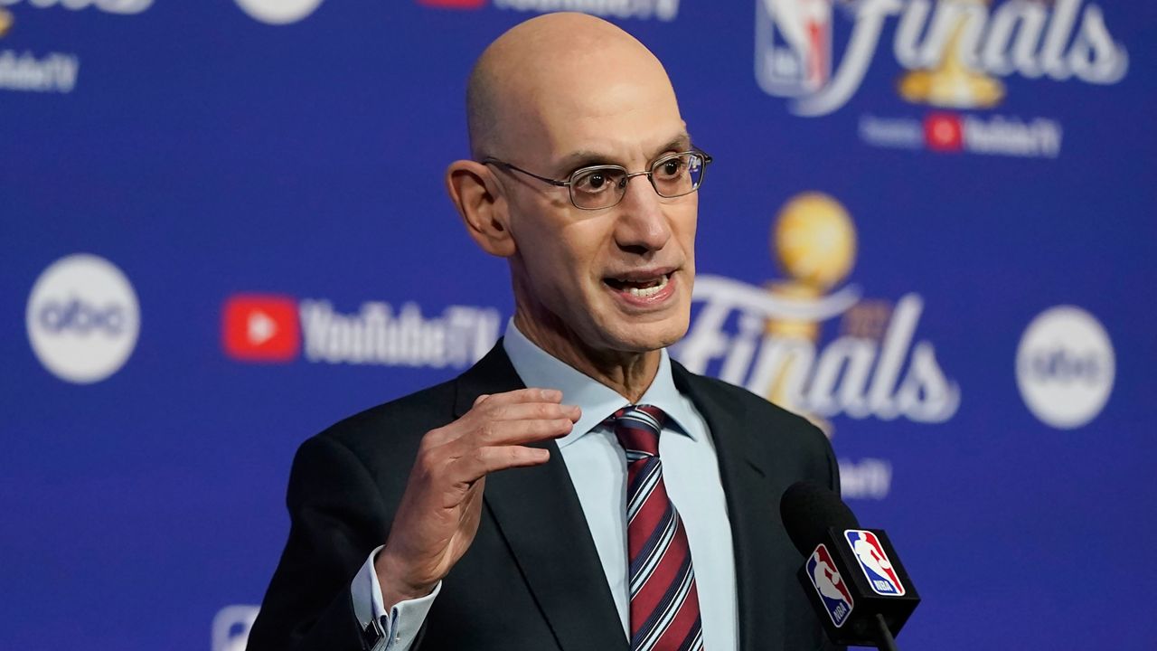 FILE - NBA Commissioner Adam Silver speaks at a news conference before Game 1 of basketball's NBA Finals between the Golden State Warriors and the Boston Celtics in San Francisco, Thursday, June 2, 2022. (AP Photo/Jeff Chiu, File)