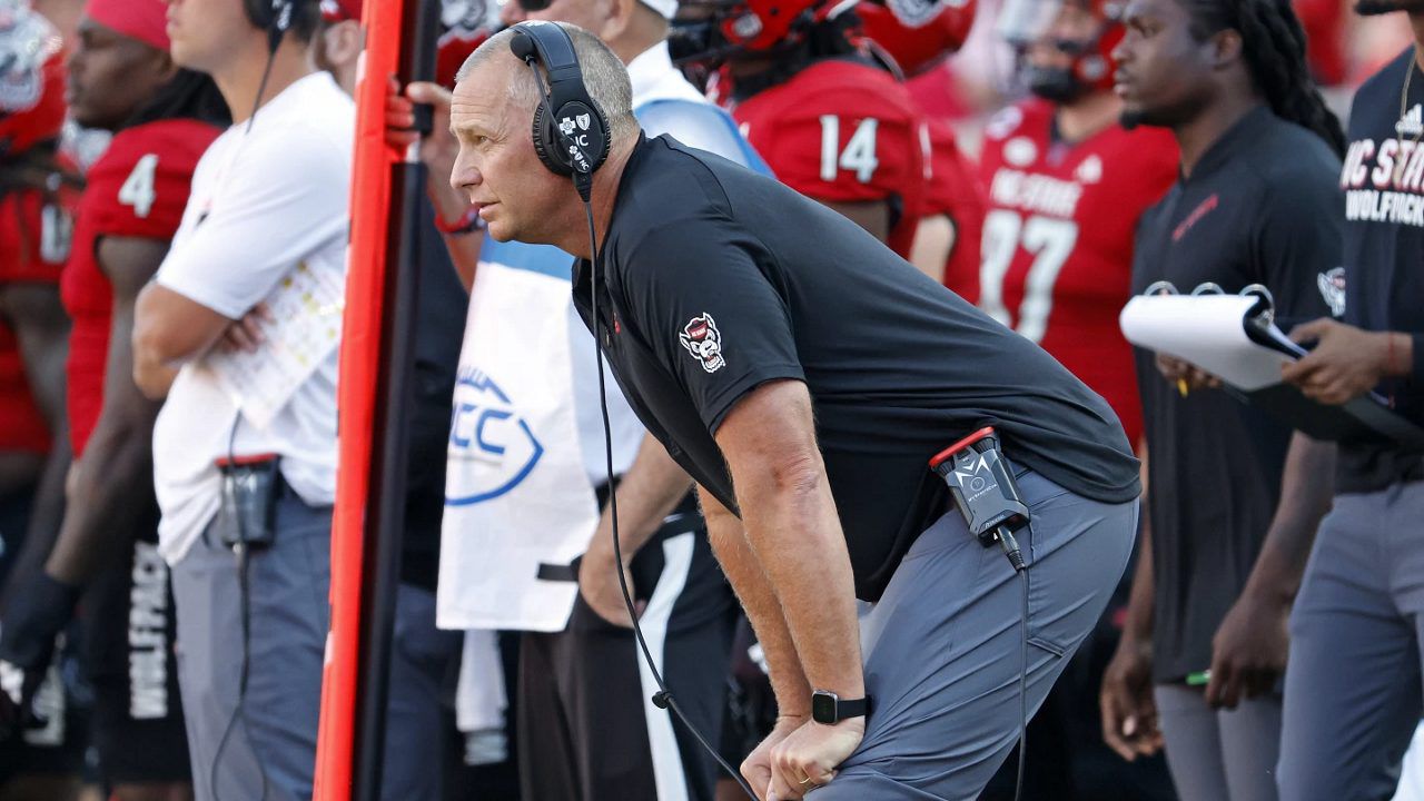 N.C. State coach Dave Doeren watches from the sideline during an NCAA college football game against Marshall in Raleigh, N.C., Saturday, Oct. 7, 2023. (AP File Photo/Karl B. DeBlaker)