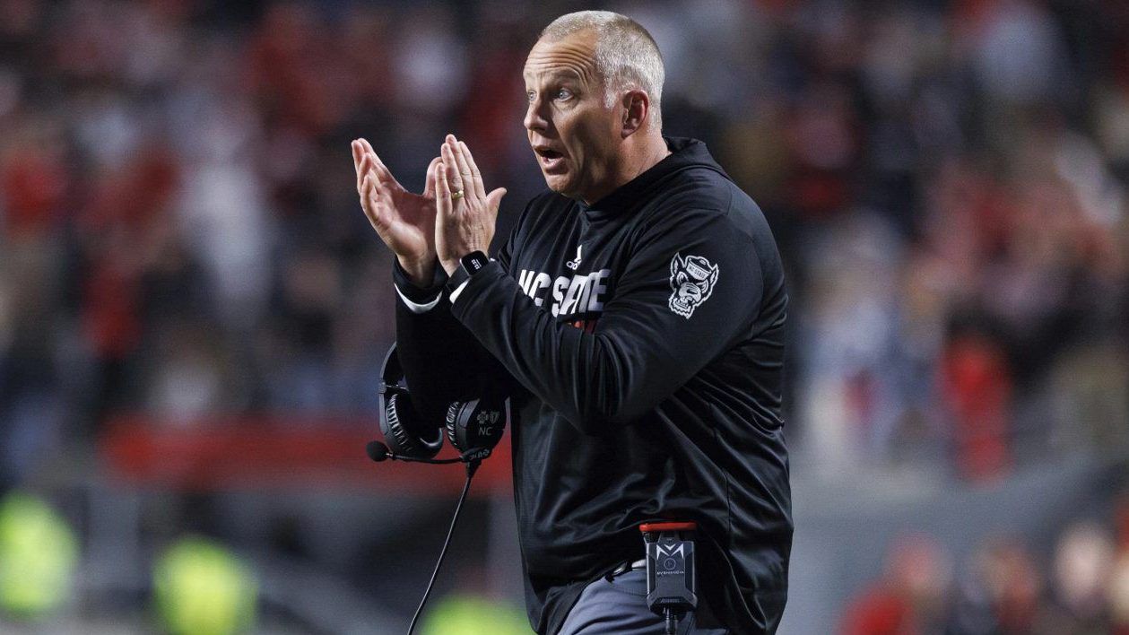 North Carolina State head coach Dave Doeren claps for his team during the second half of an NCAA college football game against Miami in Raleigh, N.C., Saturday, Nov. 4, 2023. (AP Photo/Ben McKeown)