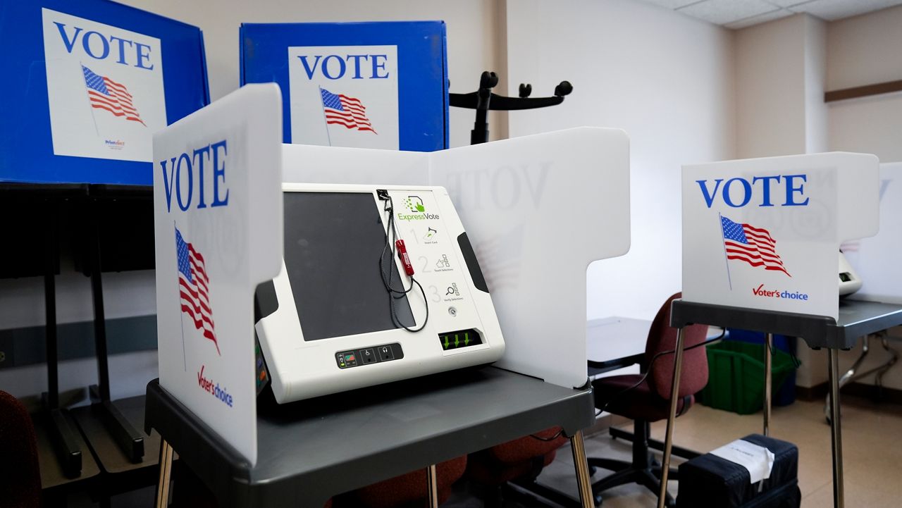 A ballot-marking machine is seen at an early in-person voting site at Asheville-Buncombe Technical Community College, Wednesday, Oct. 16, 2024, in Marshall, N.C. (AP Photo/Stephanie Scarbrough)