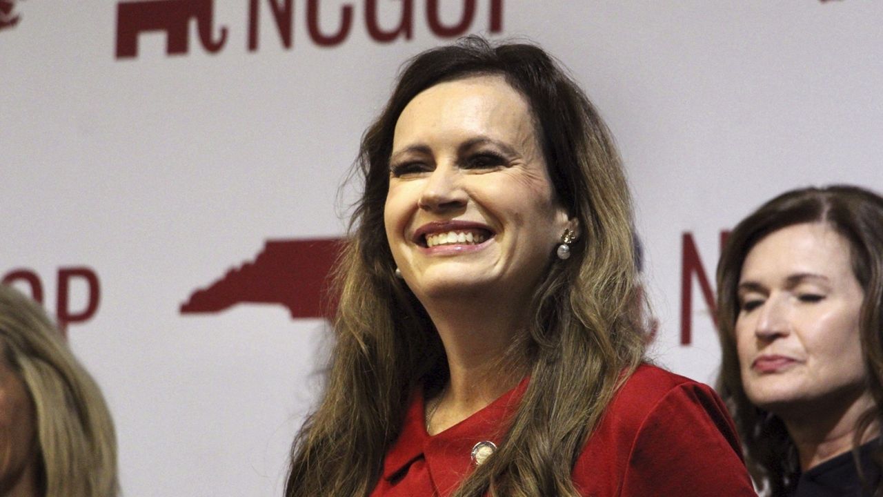 North Carolina state Rep. Tricia Cotham announces she is switching affiliation to the Republican Party at a news conference Wednesday, April 5, 2023, at the North Carolina Republican Party headquarters in Raleigh, N.C. The change gives Republican state legislators a veto-proof supermajority in both chambers. (AP Photo/Hannah Schoenbaum)