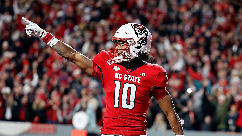 N.C. State wide receiver Kevin Concepcion celebrates a touchdown against North Carolina in Raleigh, N.C., Saturday, Nov. 25, 2023. Concepcion had 2-yard touchdown run in the first half against California on Saturday, Oct. 19, 2024. (AP File Photo/Karl B DeBlaker)